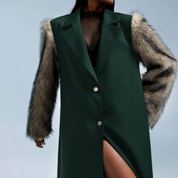 Green Elegant Women's Faux Fur Long Loose Patchwork Jacket - Picture 7 of 8